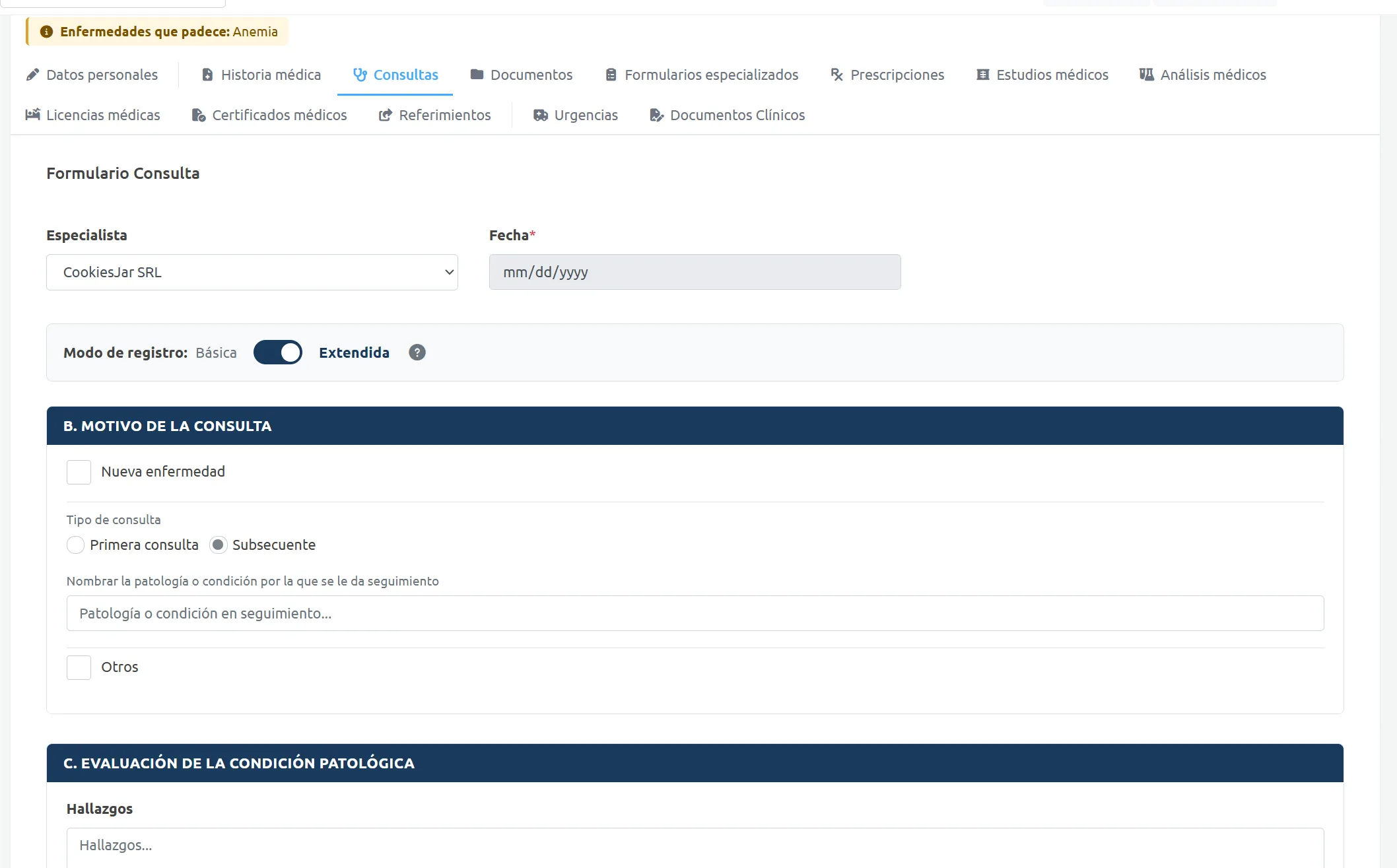 Formulario de consulta con motivo, tipo de consulta y evaluación de la condición