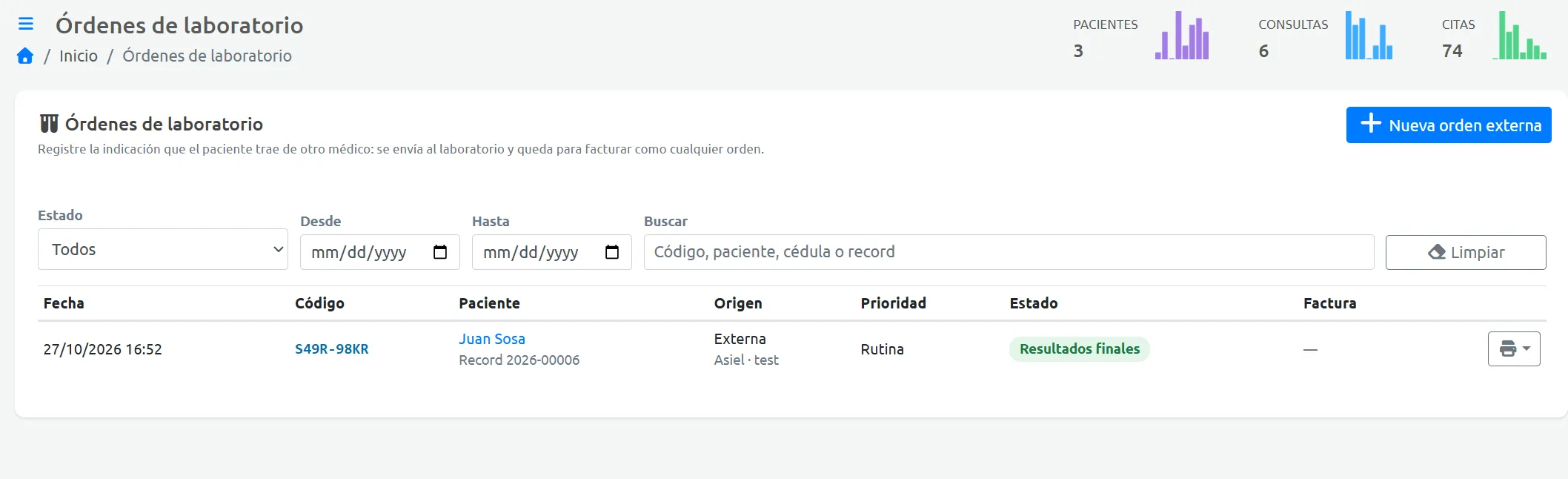 Pantalla de órdenes de laboratorio dentro de HistoriaClinica, con filtros por estado y fecha, el botón para registrar una orden externa y una orden con resultados finales