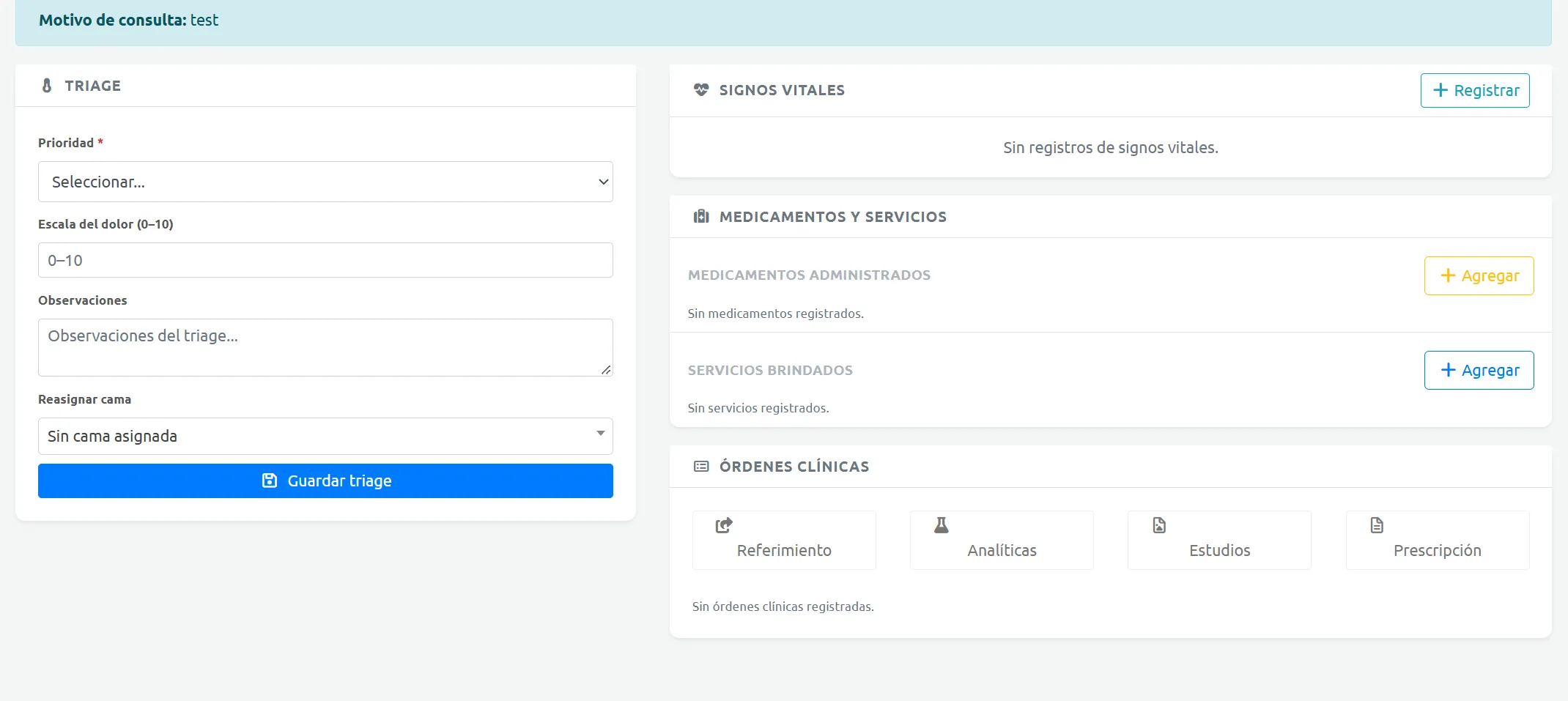 Pantalla de atención de urgencia con triage, signos vitales, medicamentos administrados y órdenes clínicas